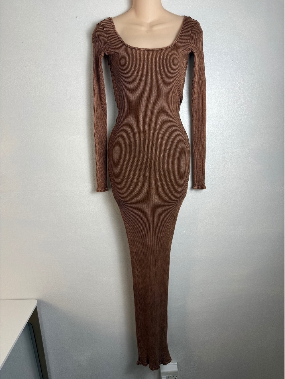 Fashion Nova Off Duty Brown Backless Ribbed Maxi Dress XS Long Sleeve